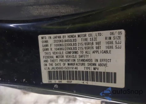 2005 Honda Cr-V Lx из США, поврежденный, VIN JHLRD68515C019146